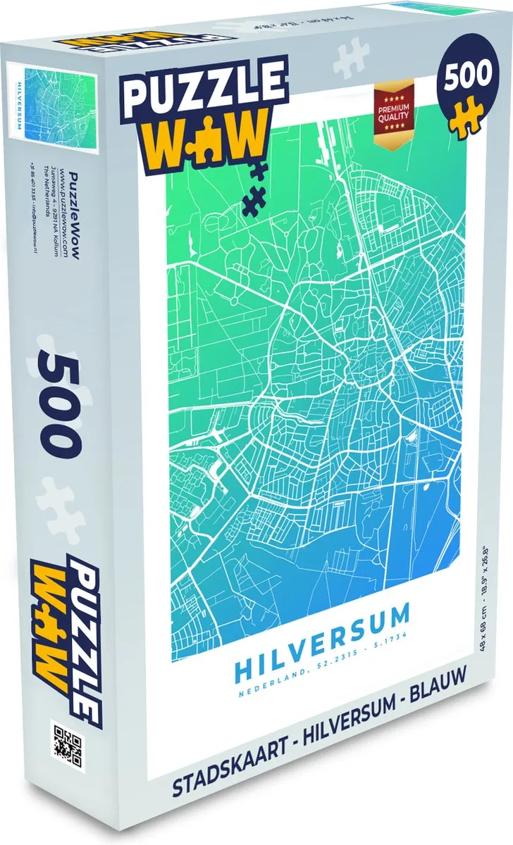 PuzzleWow Hilversum Stadskaart Legpuzzel 500 Stuks - Blauw