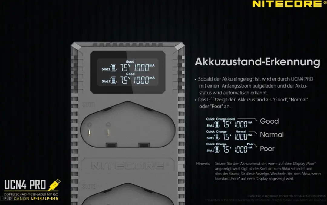 Nitecore UCN4 Pro USB Oplader - Canon LP-E19/LP-E4/LP-E4N - 2x USB - Zwart - afbeelding 6 van 6