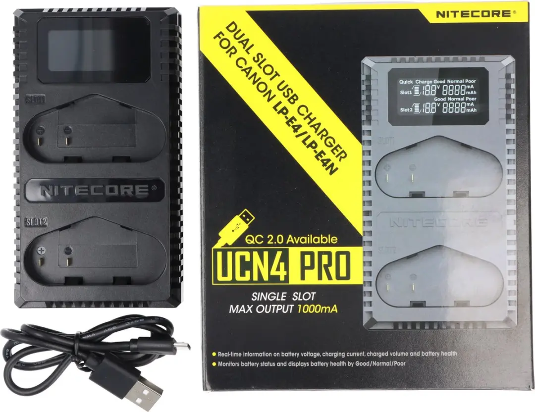 Nitecore UCN4 Pro USB Oplader - Canon LP-E19/LP-E4/LP-E4N - 2x USB - Zwart - afbeelding 3 van 6