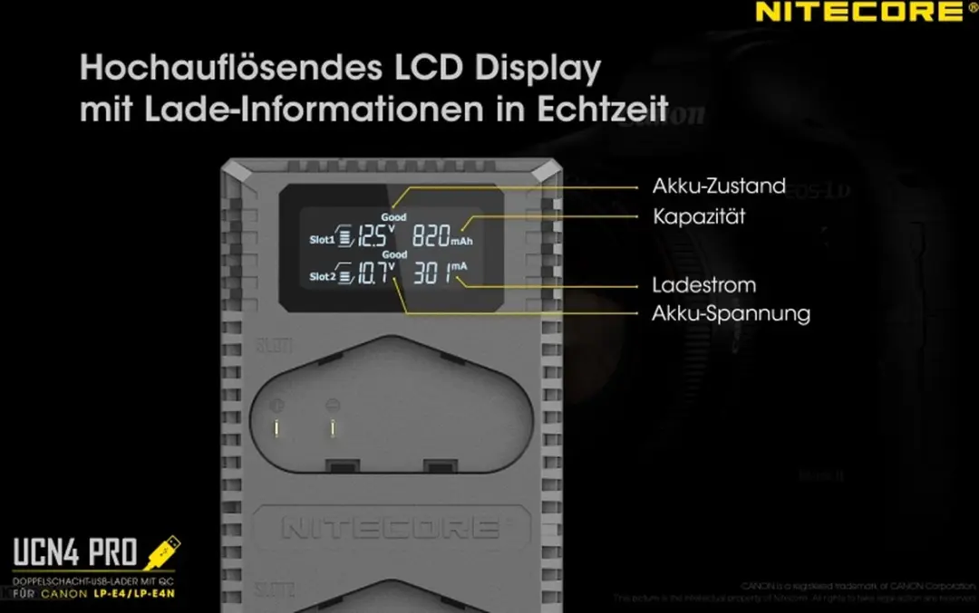 Nitecore UCN4 Pro USB Oplader - Canon LP-E19/LP-E4/LP-E4N - 2x USB - Zwart - afbeelding 4 van 6