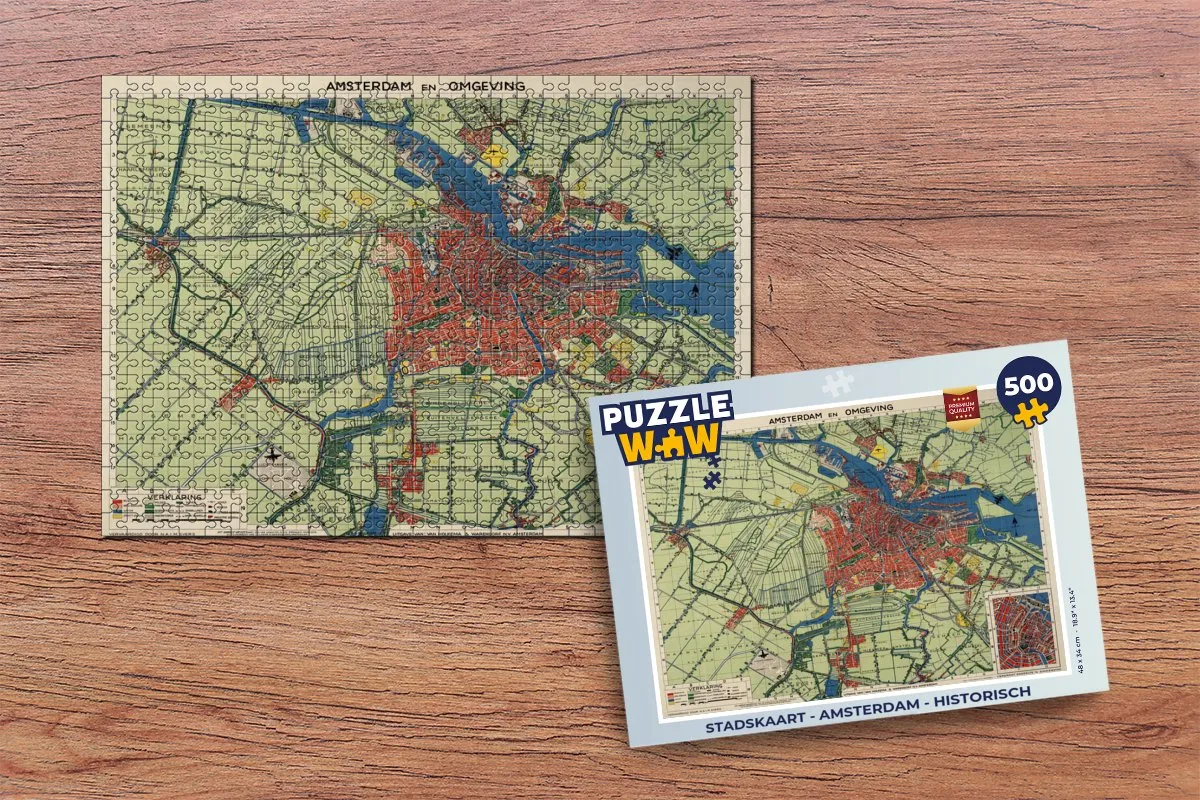 PuzzleWow Amsterdam Historische Stadskaart Legpuzzel 500 Stuks - Multicolor