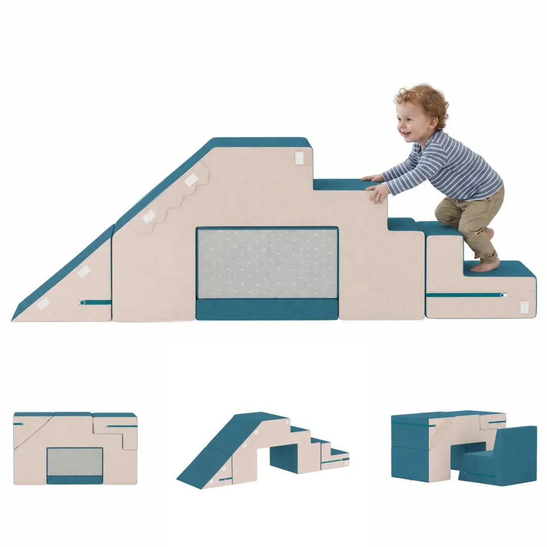 AIYAPLAY Kids Soft Play Set-Samt, Schaumstoff-131L x 39B x 44H cm-Cremeweiß+Dun