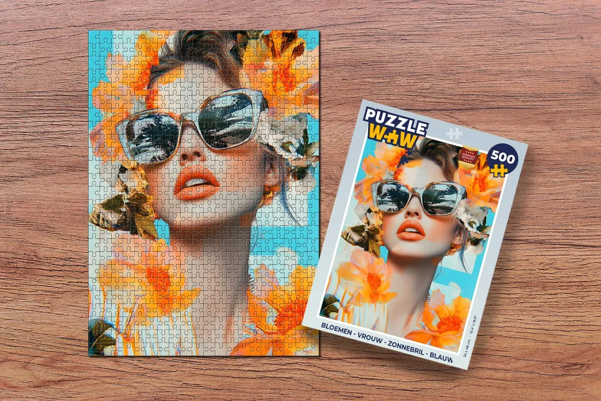 PuzzleWow Bloemen Legpuzzel 500 Stuks - Vrouw met Zonnebril Blauw