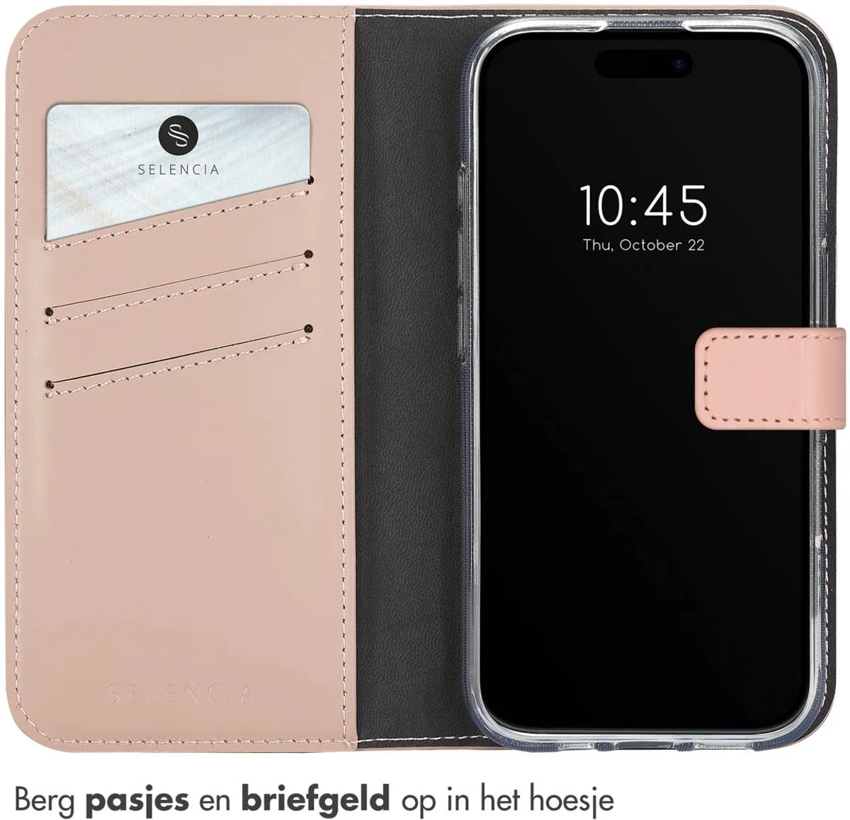 Selencia Hoesje iPhone 16 Echt Lederen Bookcase - 3 Pasjes - Lichtroze