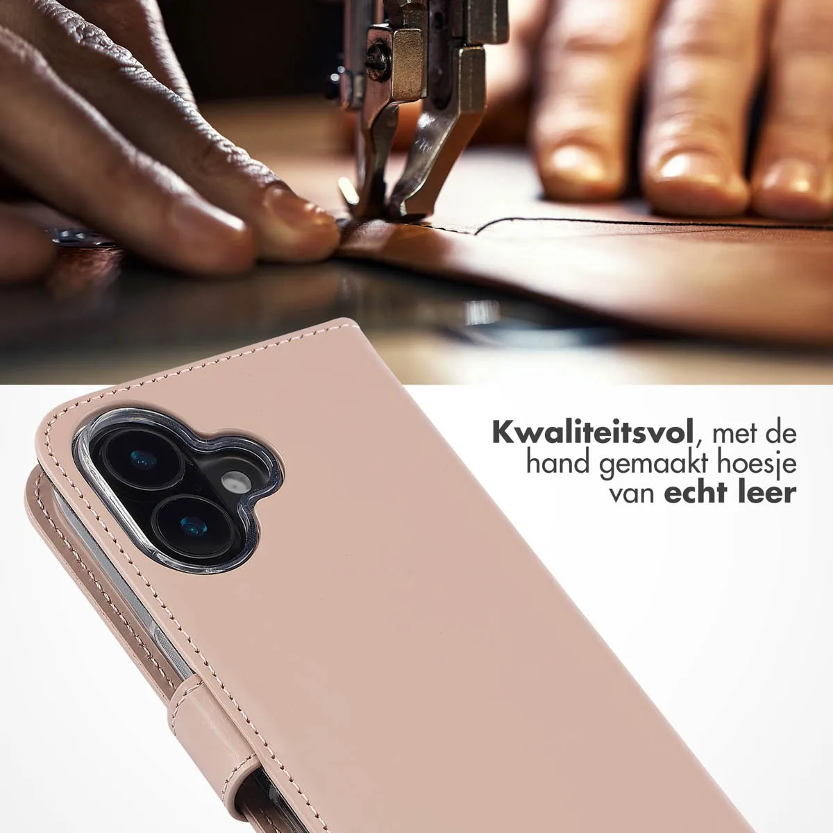 Selencia Hoesje iPhone 16 Echt Lederen Bookcase - 3 Pasjes - Lichtroze