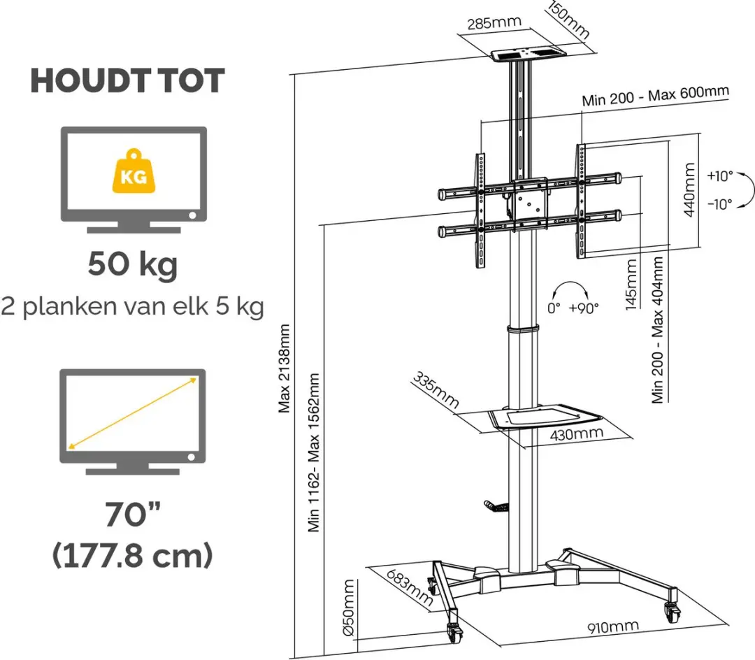 Fellowes 100136877 Verrijdbare TV Standaard 70" - 50 kg - Zwart