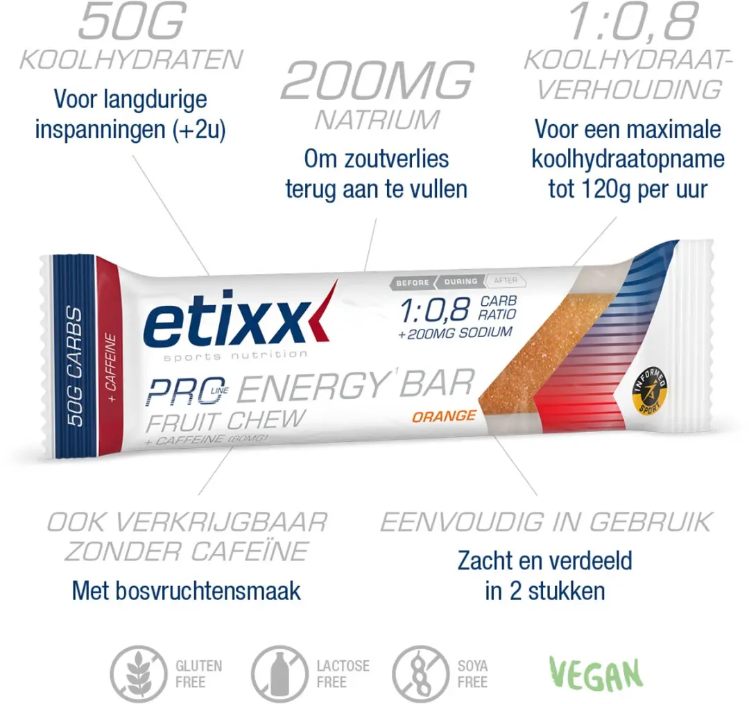 Etixx PRO LINE Energy Bar Fruit Chew + Caffeine - Sinaasappel 12x62g