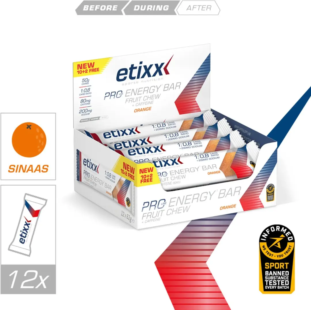 Etixx PRO LINE Energy Bar Fruit Chew + Caffeine - Sinaasappel 12x62g