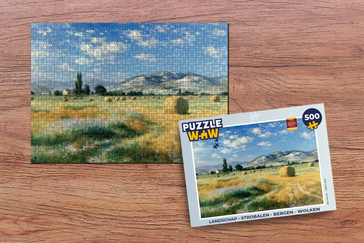 PuzzleWow Legpuzzel Landschap Strobalen Bergen 500 Stuks