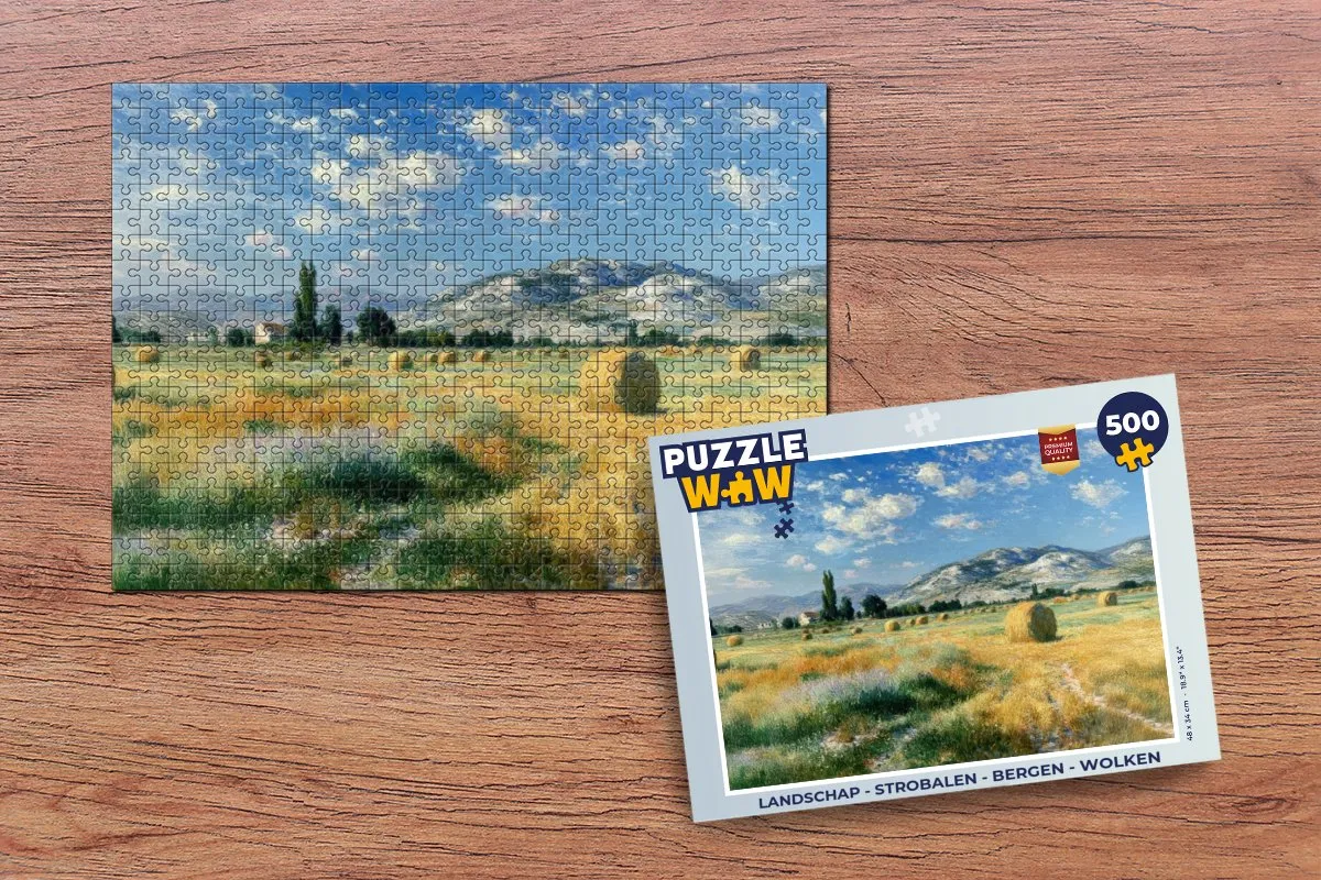 PuzzleWow Legpuzzel Landschap Strobalen Bergen 500 Stuks