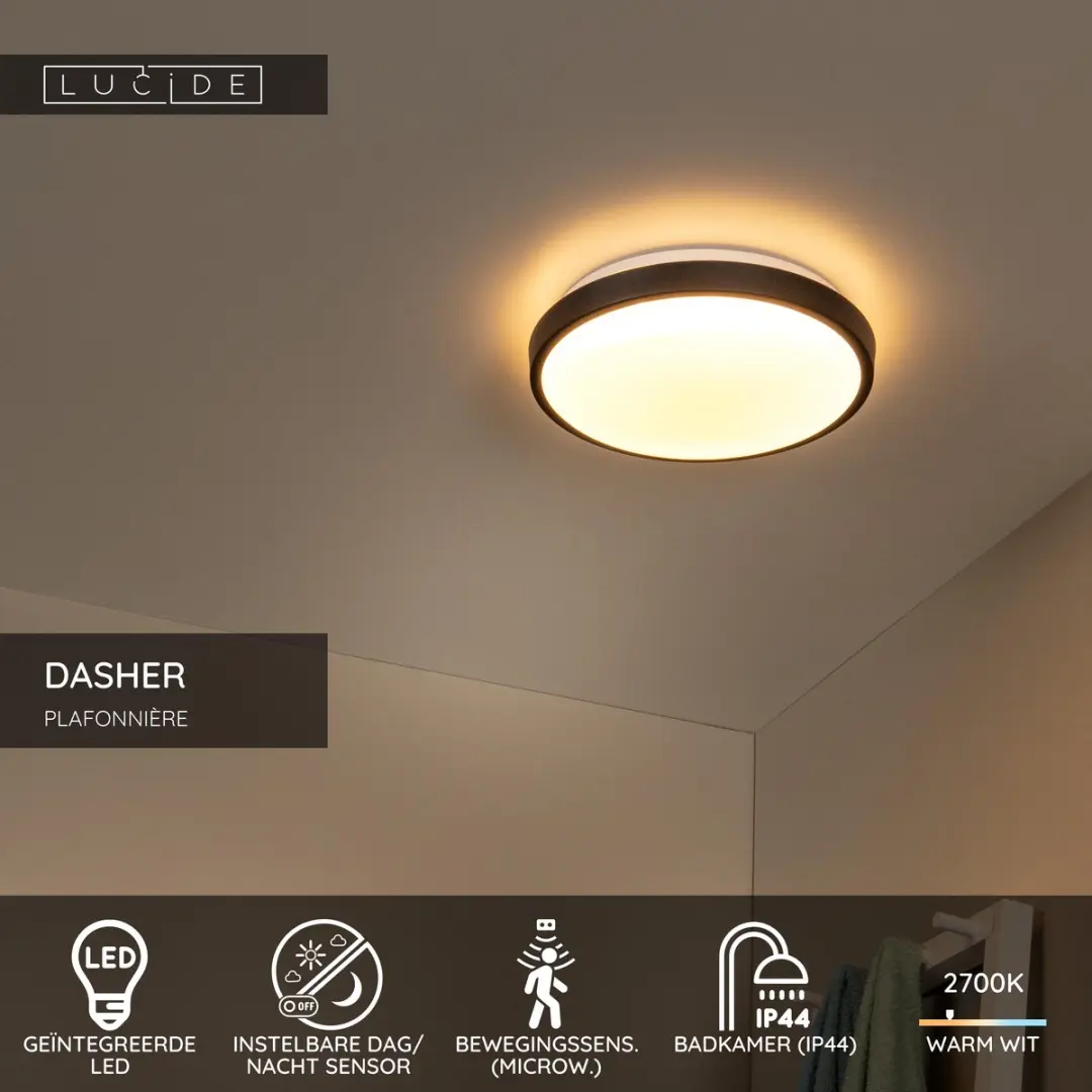 Lucide Dasher Plafondlamp Ø29cm LED 12W 2700K IP44 Zwart - afbeelding 3 van 6