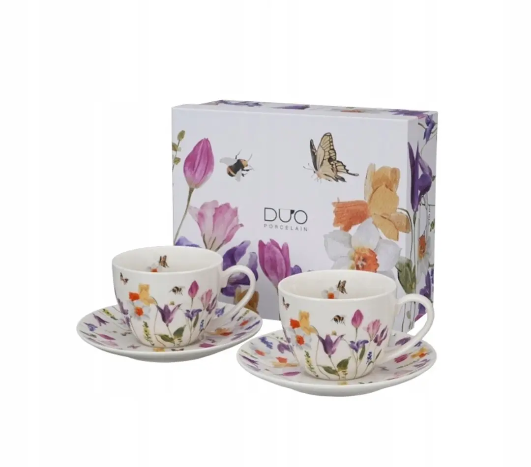Set van 2 Mokken met Schotels, Bloemendesign, 270ml