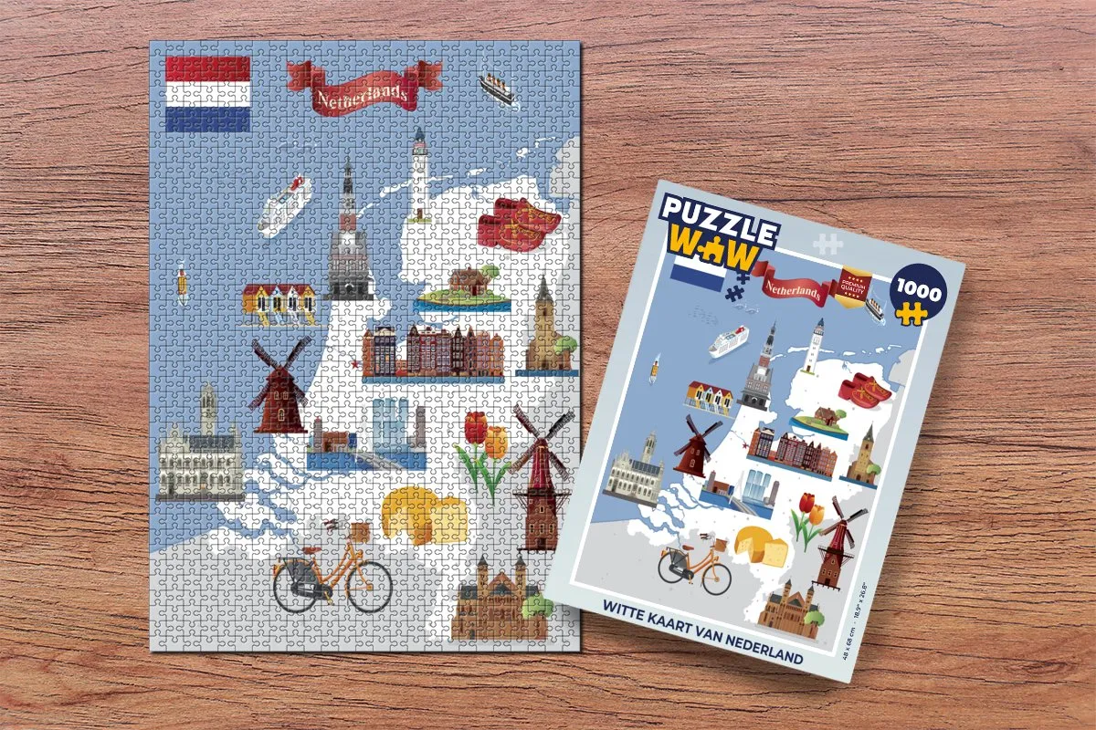 PuzzleWow Witte kaart van Nederland Legpuzzel 1000 Stuks - Multicolor