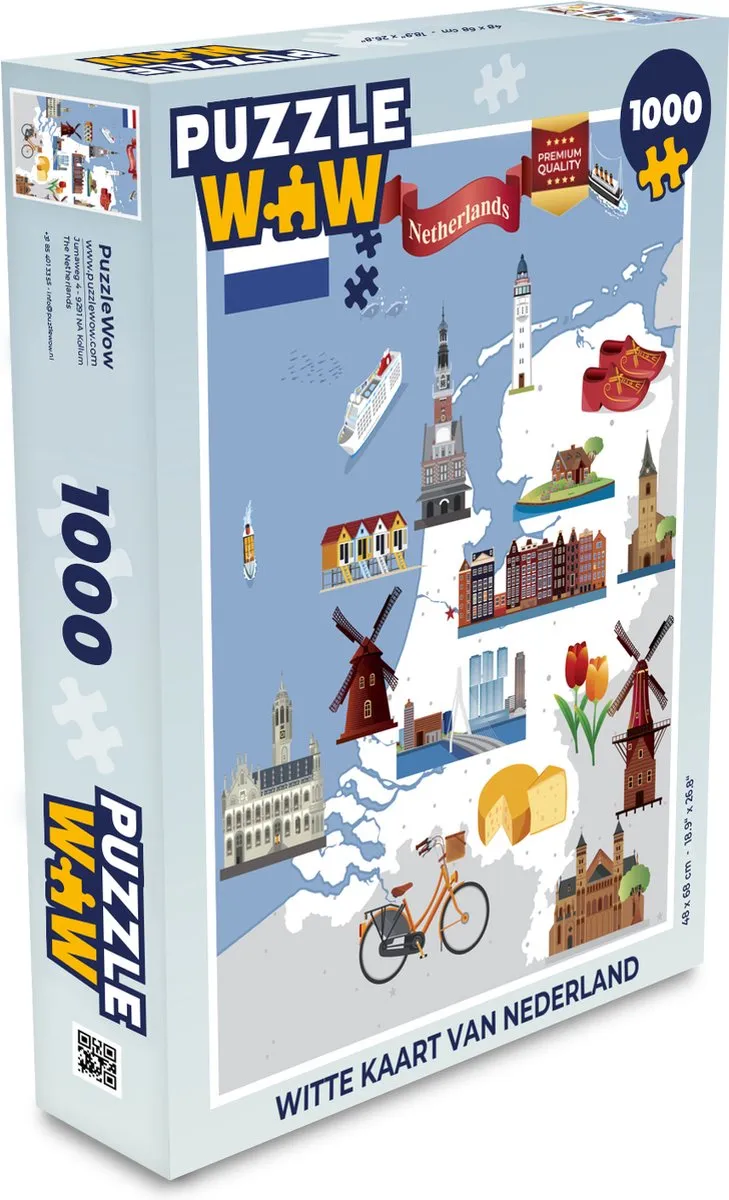PuzzleWow Witte kaart van Nederland Legpuzzel 1000 Stuks - Multicolor