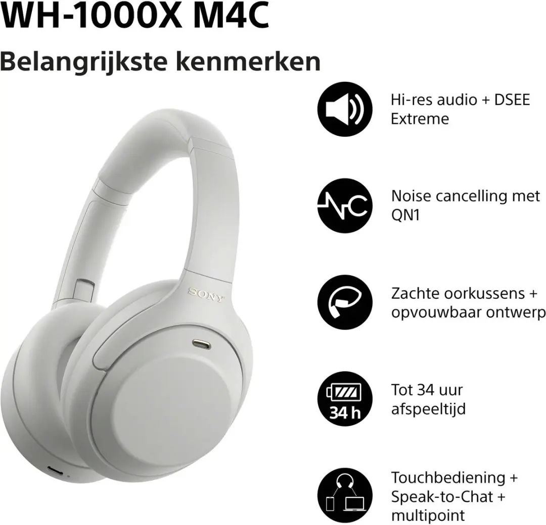 Sony WH-1000XM4C Noise Cancelling Koptelefoon - Zilver - afbeelding 5 van 6