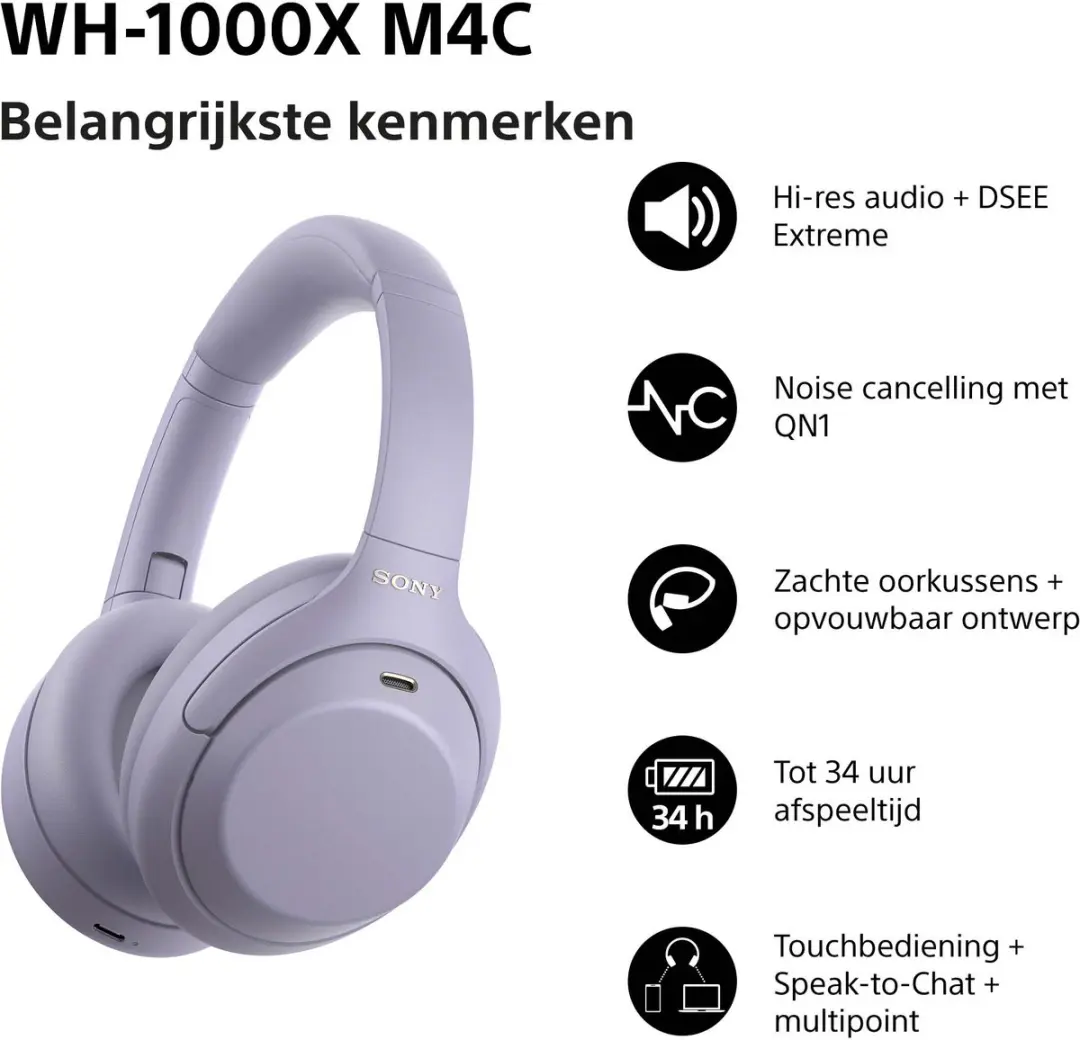Sony WH-1000XM4C Noise Cancelling Koptelefoon - Lavenderblauw - afbeelding 5 van 6