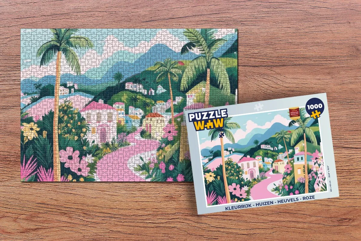PuzzleWow Kleurrijk Huizen Heuvels Legpuzzel 1000 Stuks - Roze