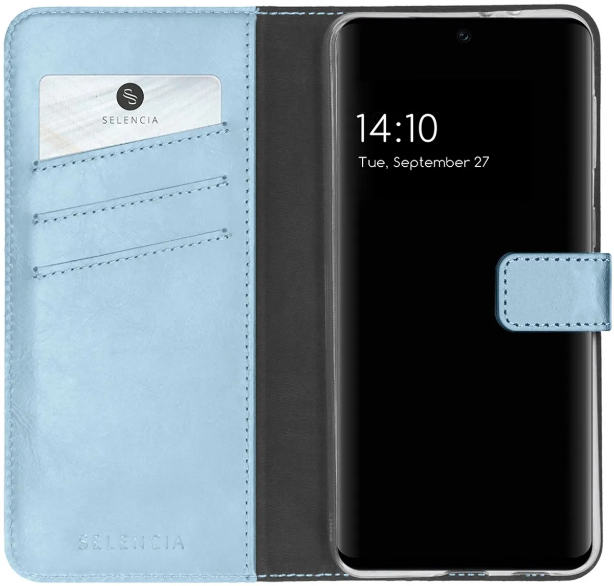 Selencia Hoesje Samsung Galaxy S21 FE - Echt Lederen Bookcase Lichtblauw