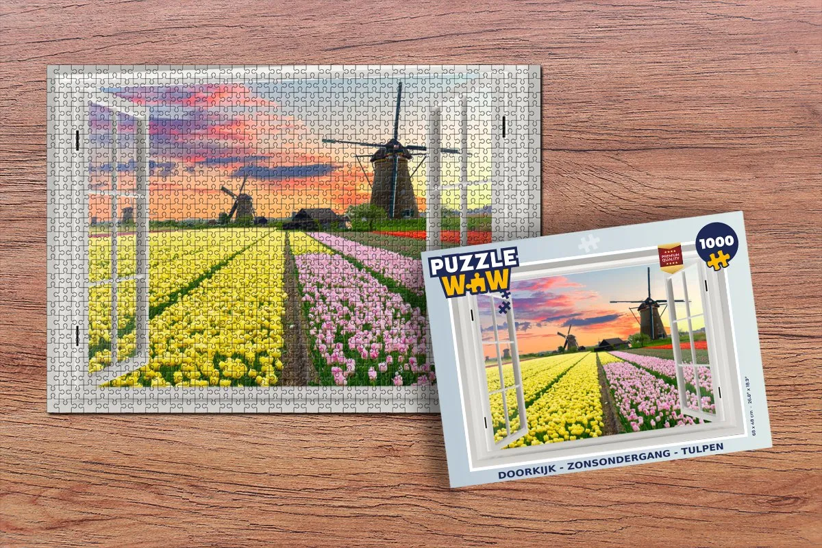 PuzzleWow Doorkijk Zonsondergang Tulpen Legpuzzel 1000 Stuks - Multicolor