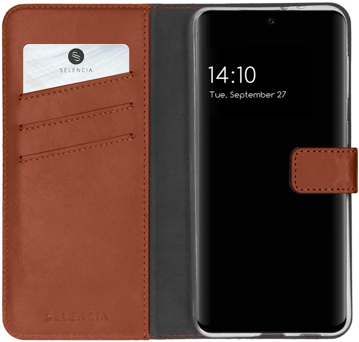 Selencia Hoesje Samsung Galaxy S21 FE - Echt Lederen Bookcase Lichtbruin