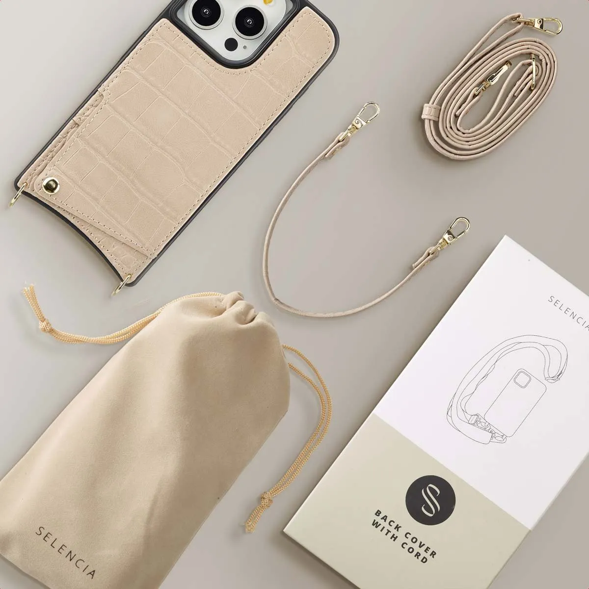 Selencia Hoesje iPhone 15 Pro Croco Beige - 2 Pasjes - afbeelding 6 van 6