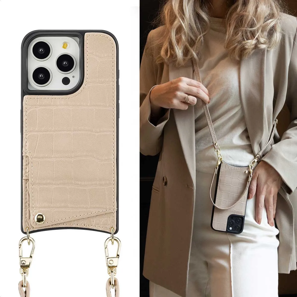 Selencia Hoesje iPhone 15 Pro Croco Beige - 2 Pasjes