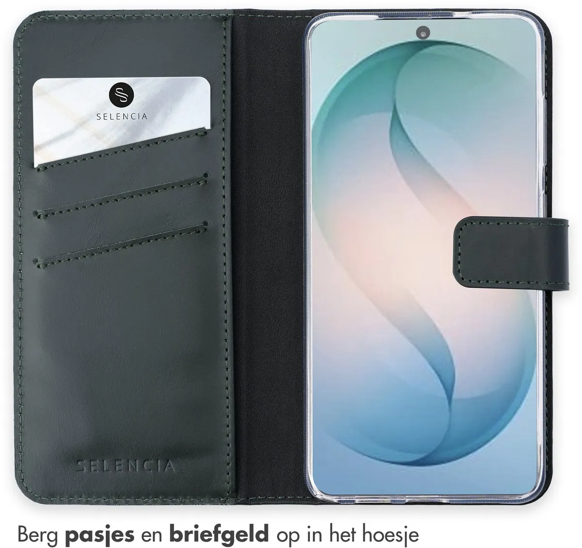 Selencia Hoesje Samsung Galaxy S26 Ultra - Groen Lederen Bookcase - 3 Pasjes