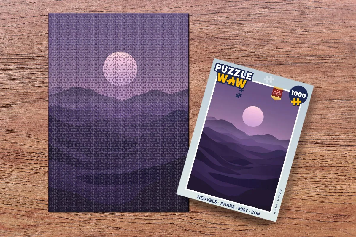 PuzzleWow Heuvels Legpuzzel 1000 Stuks - Paars/Mist/Zon