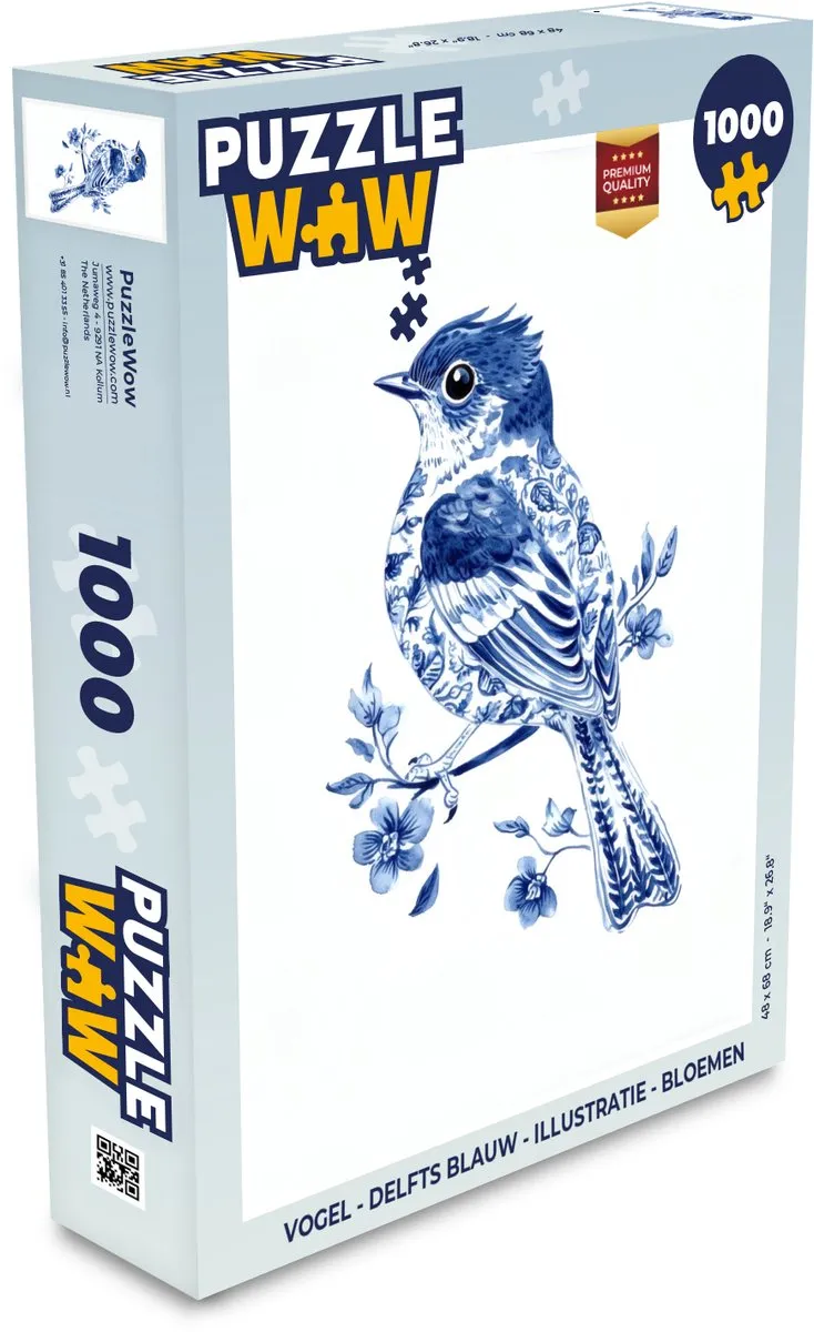 PuzzleWow Vogel Puzzel - 1000 Stuks - Delfts Blauw