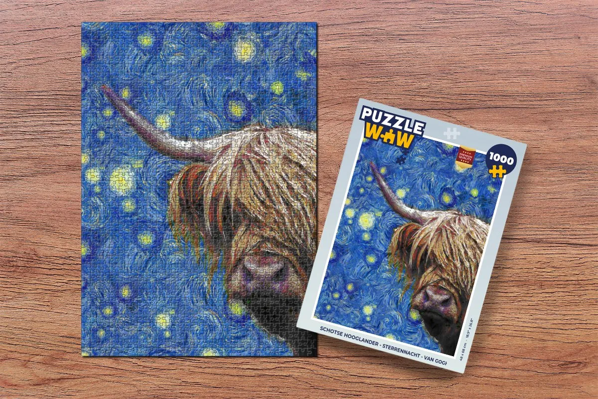 PuzzleWow Schotse Hooglander Sterrennacht Legpuzzel 1000 Stuks - Multicolor