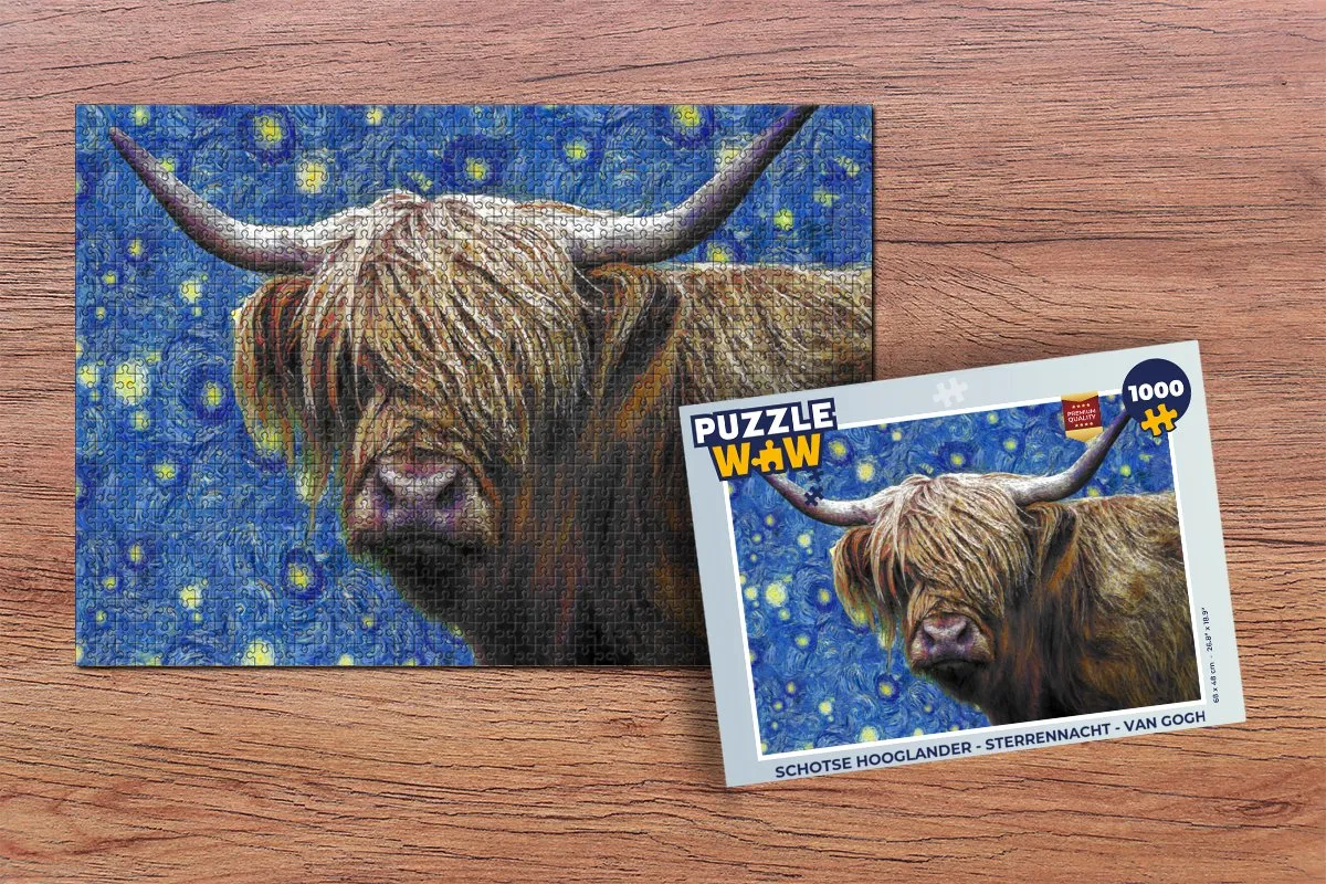 PuzzleWow Schotse Hooglander Sterrennacht Legpuzzel 1000 Stuks - Multicolor