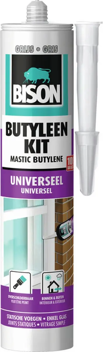 Bison Butyleenkit grijs koker 300 ml, voegkit, deur- en raamkozijnen, vensterban