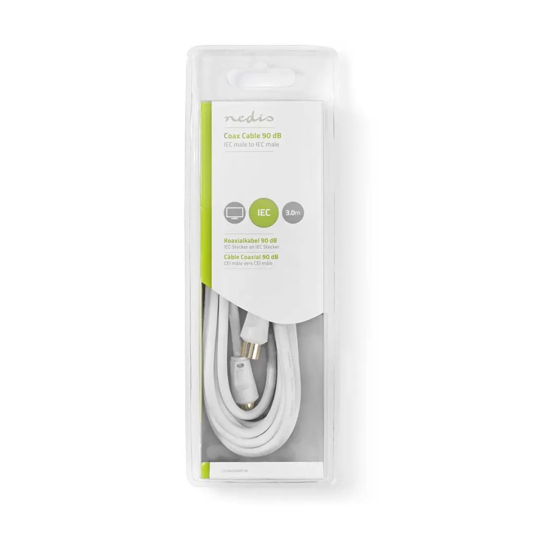 Nedis Coaxkabel - IEC (Coax) Male - IEC (Coax) Male - Vernikkeld - 90 dB - 75 Ohm - Dubbel Afgeschermd - 3.00 m - Rond - PVC - Wit - Label