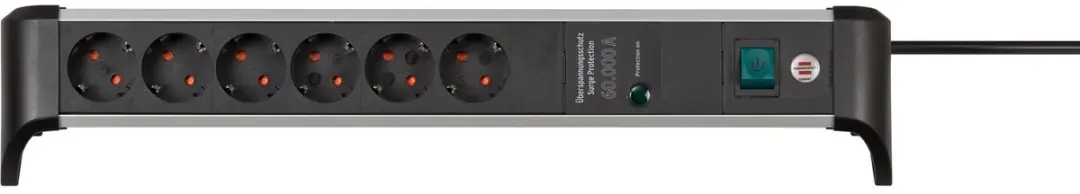 Alu-Office-Line 60.000A overspanningsbeveiligings contactdoosstrip 6-voudig 1,8m