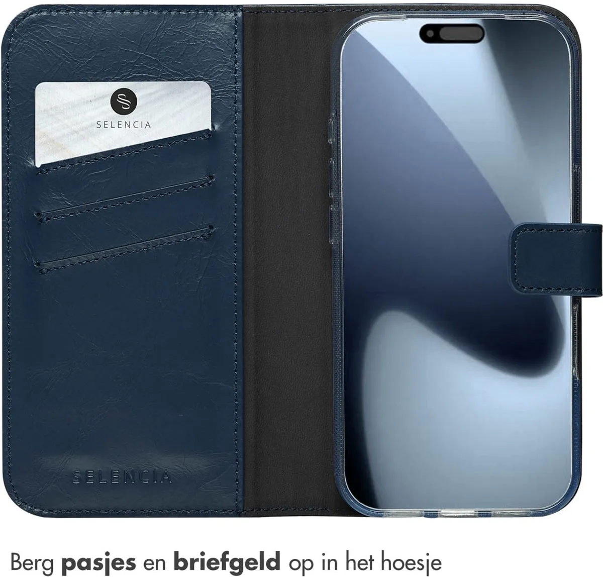 Selencia Hoesje iPhone 17 Pro Echt Lederen Bookcase Blauw