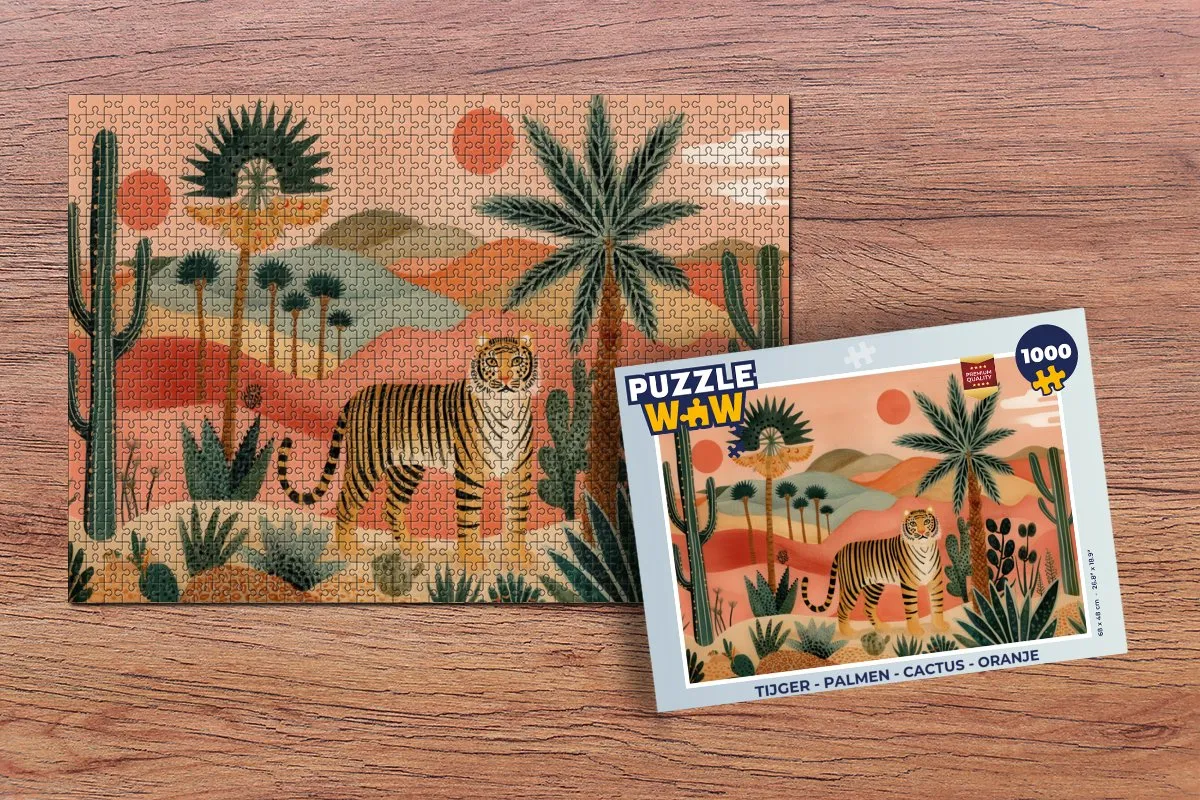 PuzzleWow Legpuzzel 1000 Stuks - Tijger Palmen Cactus Oranje