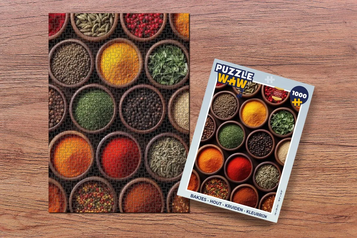 PuzzleWow Puzzel 1000 Stuks - Houten Bakjes Kruiden - Kleurrijk