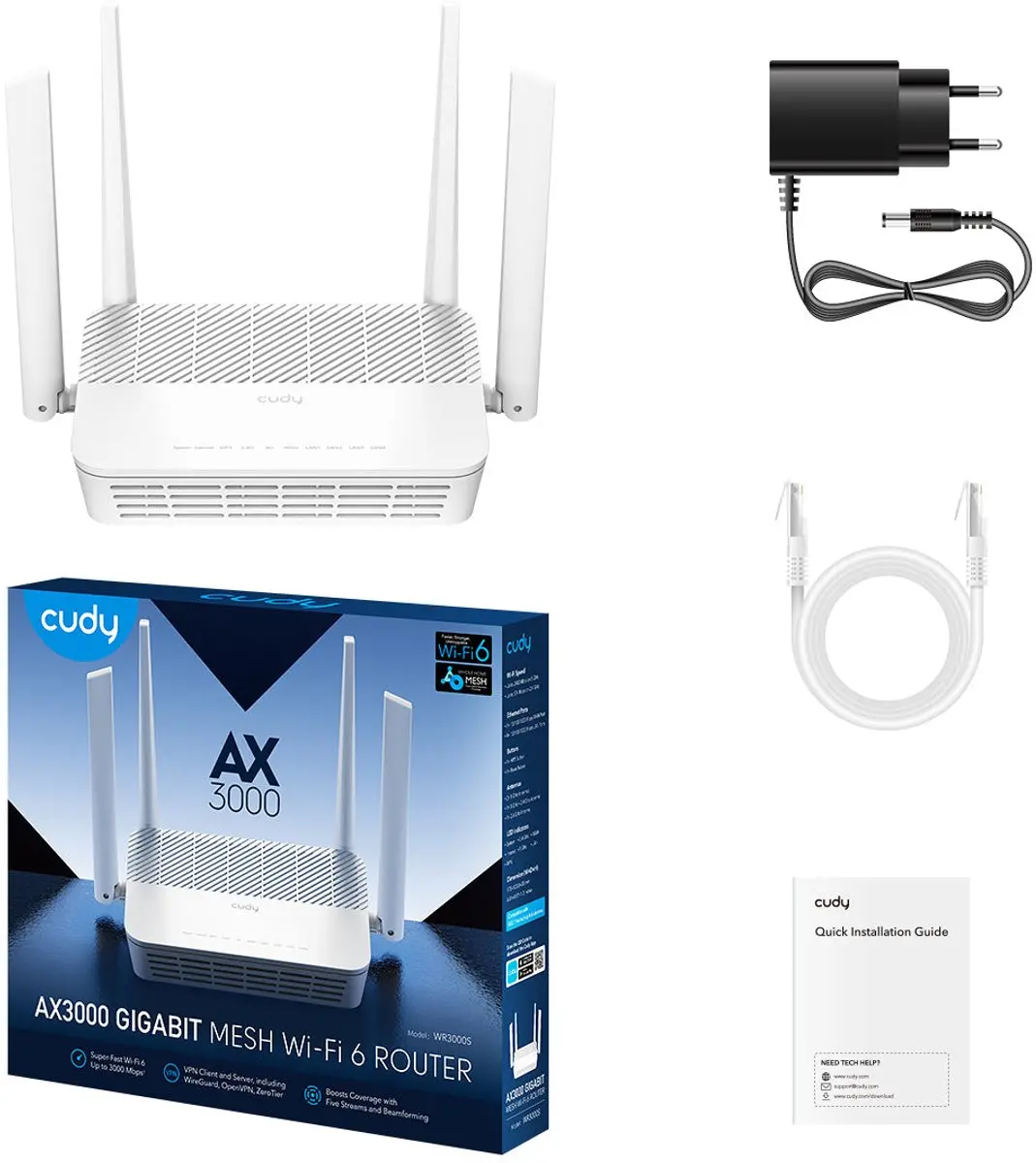 Cudy AX3000 WR3000S Mesh Router - Dual-Band - 4x Gigabit LAN - Zwart