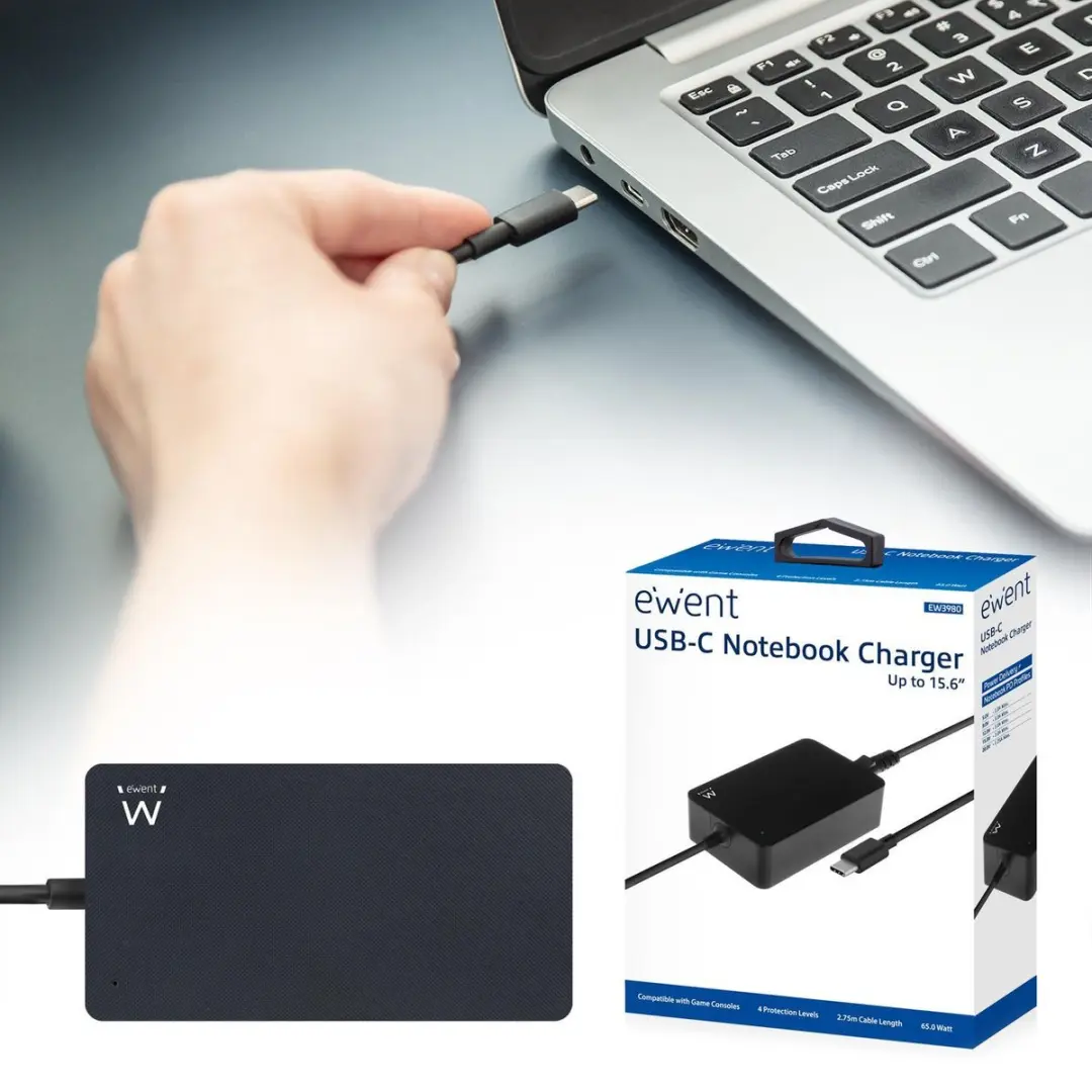 Ewent EW3980 USB-C Oplader 65W - Zwart