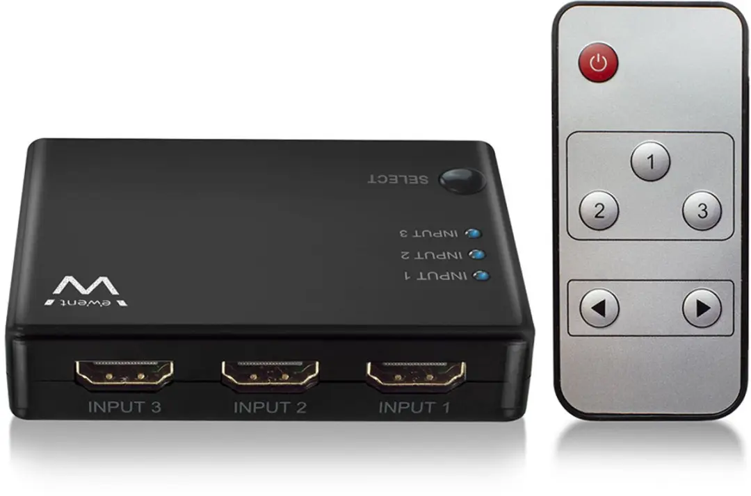 Ewent EW3730 4K HDMI Switch 3-poorts, toont 3 HDMI bronnen op een monitor