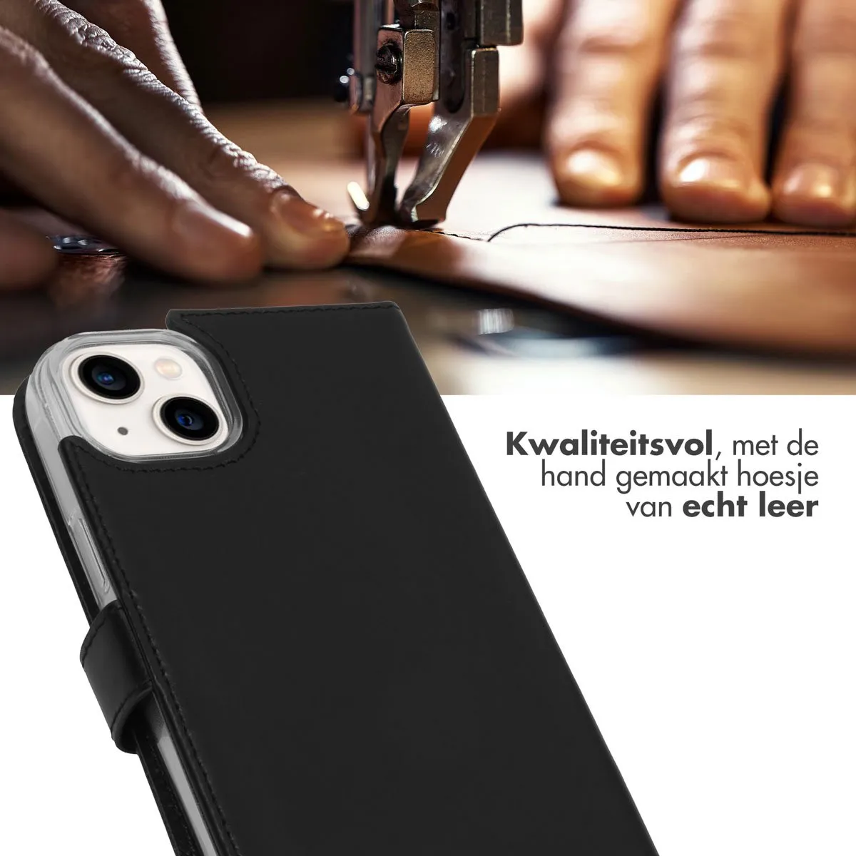 Selencia Hoesje iPhone 14 Plus - Echt Lederen Bookcase 3 Stuks - Zwart