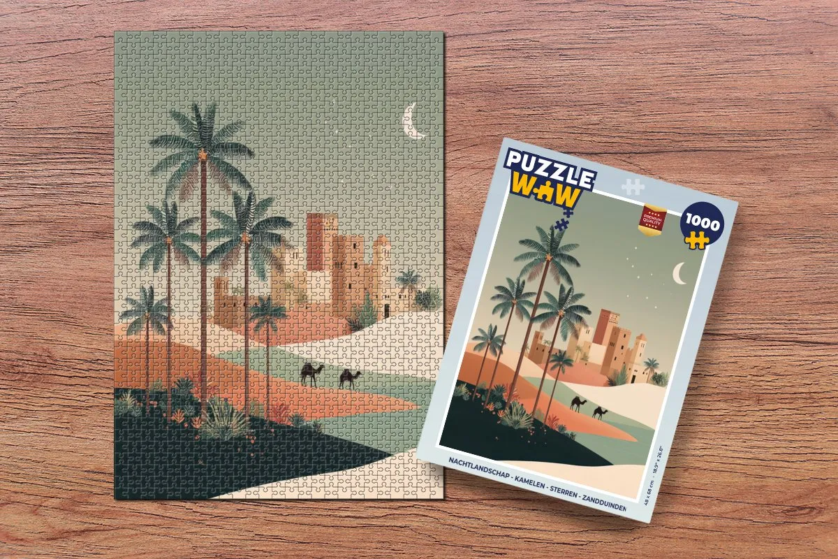 PuzzleWow Nachtlandschap Legpuzzel 1000 Stuks - Kamelen & Sterren
