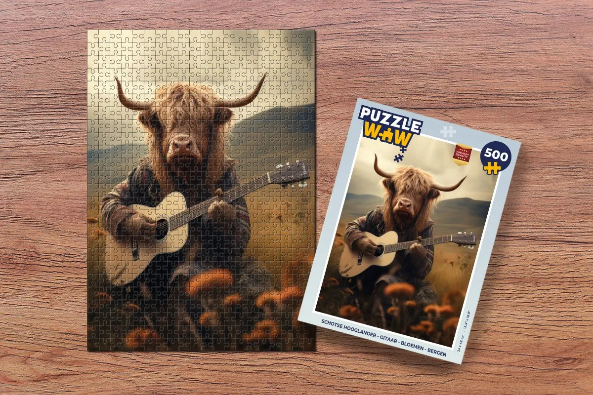 PuzzleWow Schotse Hooglander Puzzle 500 Stuks - Bloemen & Bergen