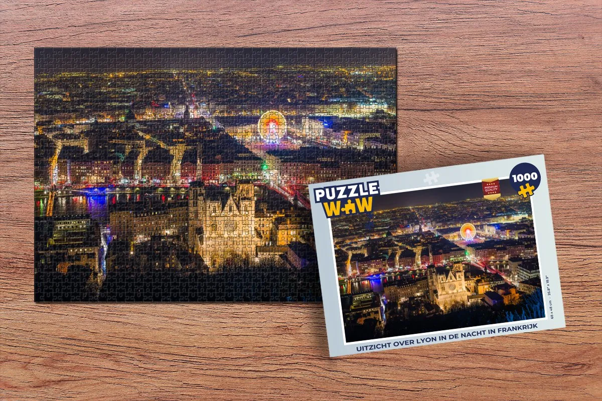 PuzzleWow Legpuzzel Lyon Nacht Frankrijk 1000 Stuks - Multicolor