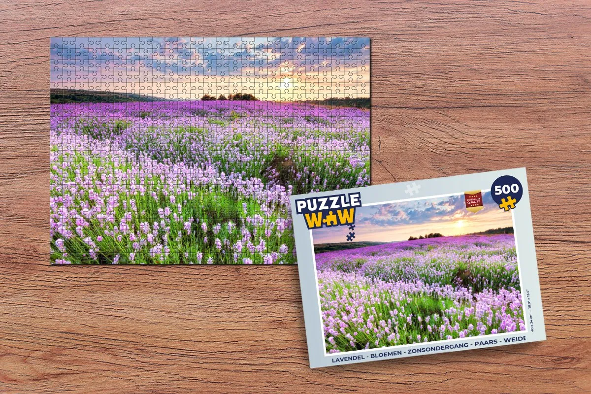 PuzzleWow Legpuzzel 500 Stuks - Lavendel Bloemen Zonsondergang - Multicolor
