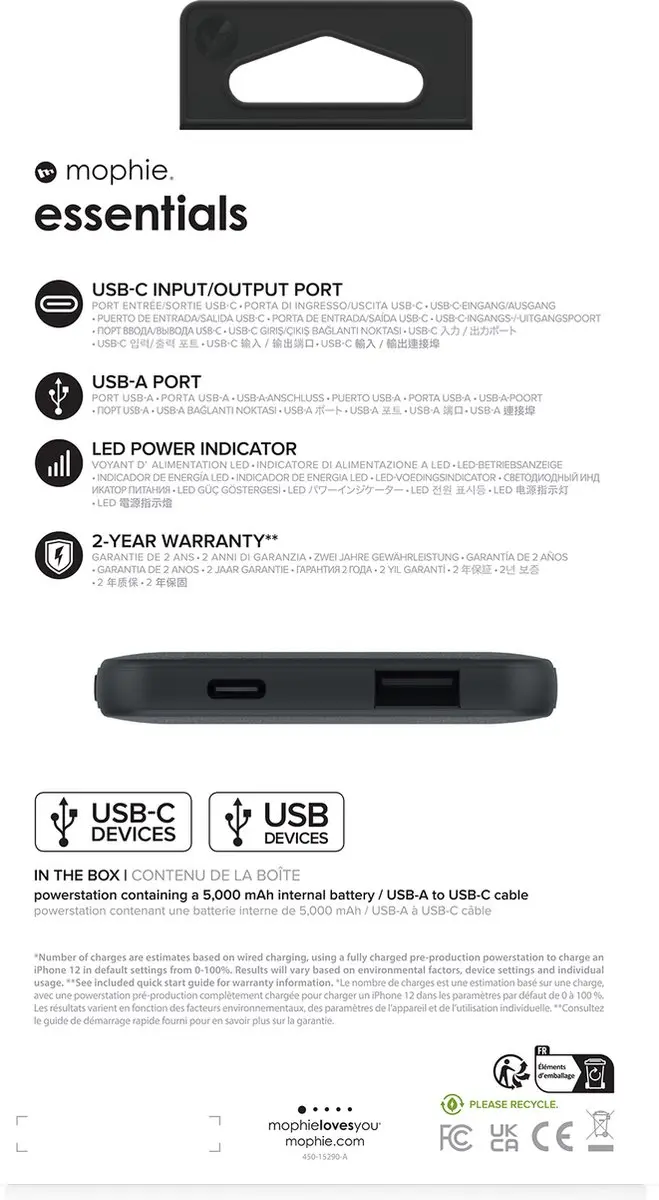 mophie Essentials Powerstation 5000mAh Powerbank - USB-A/USB-C - Zwart - afbeelding 4 van 6
