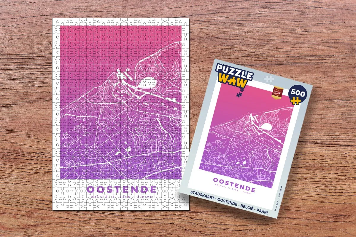 PuzzleWow Stadskaart Oostende België Legpuzzel 500 Stuks - Paars