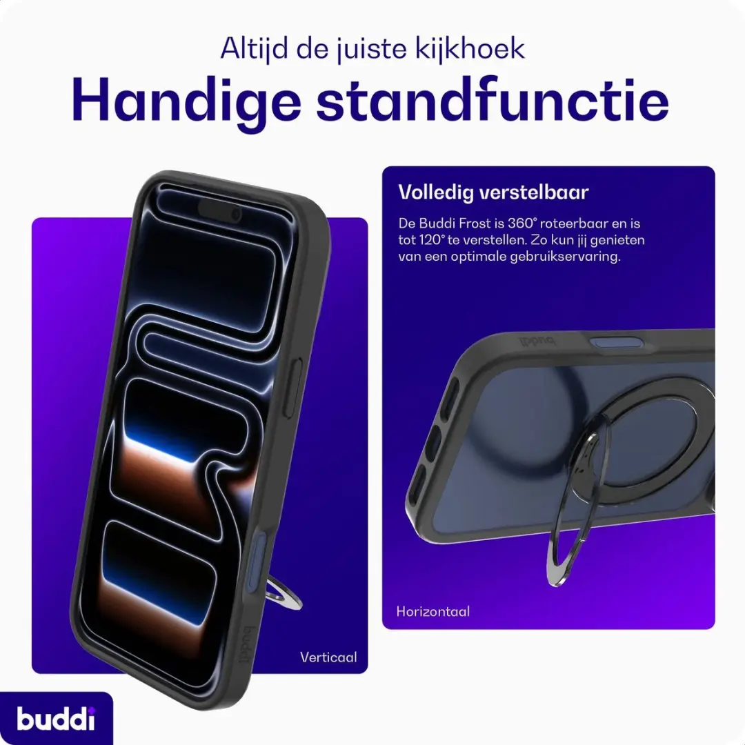 Buddi Frost Hoesje iPhone 18 Pro - Mat Zwart - MagSafe - 360° Stand