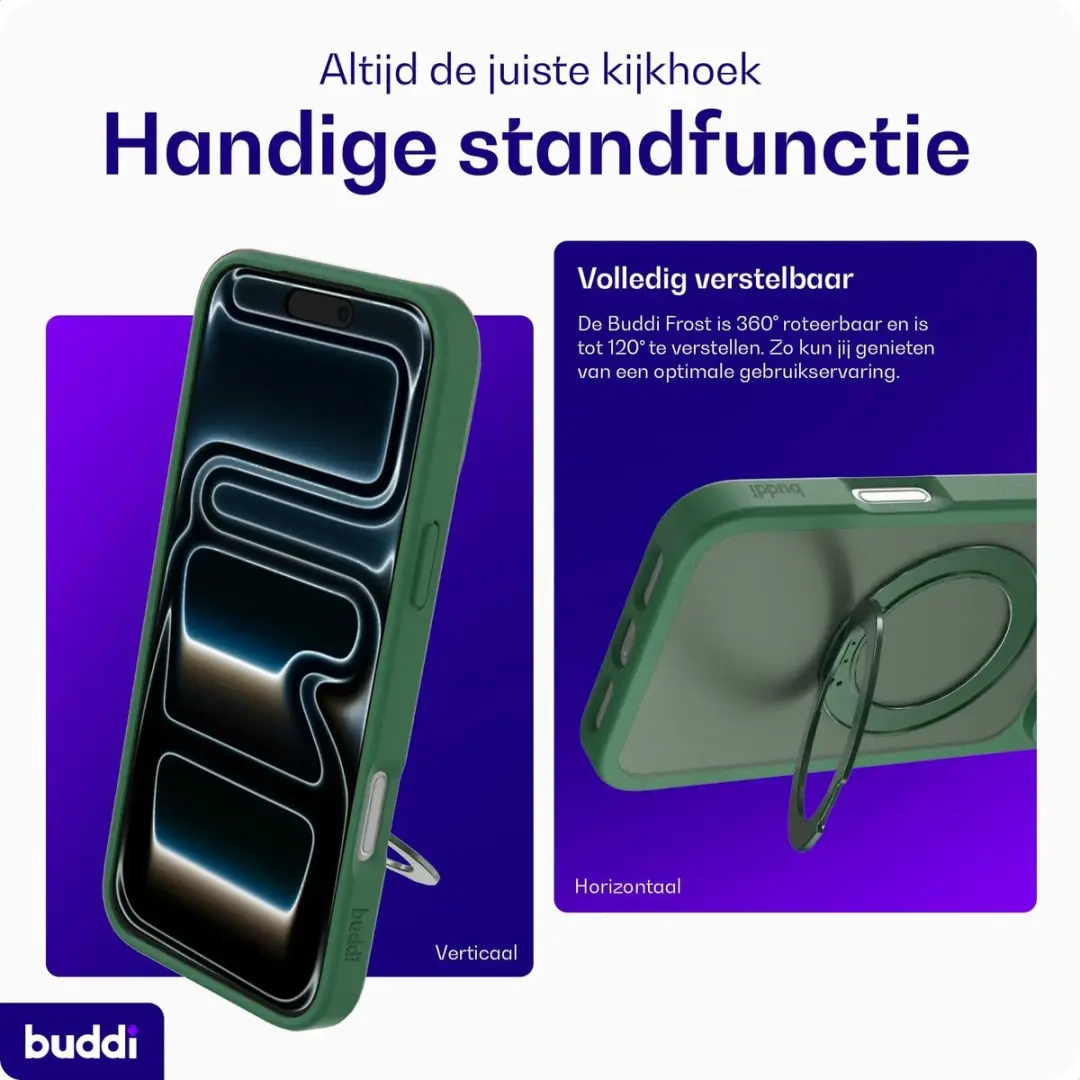 Buddi Frost Hoesje iPhone 18 Pro - Mat Groen - MagSafe - 360° Stand