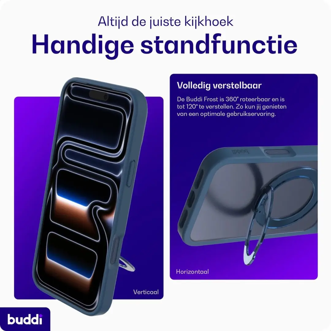 Buddi Frost Hoesje iPhone 18 Pro - Mat Donkerblauw - MagSafe - 360° Draaibare Standaard